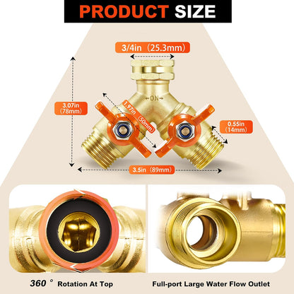 360° Rotatable Garden Hose Splitter 2026 Upgrade 3/4" GHT Swivel Brass Hose Splitter, High Flow Spigot Splitter with Seperately Shut Off Valves, Heavy Duty Faucet Splitter for Outdoor Garden Courtyard