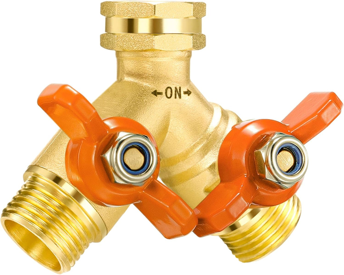 360° Rotatable Garden Hose Splitter 2026 Upgrade 3/4" GHT Swivel Brass Hose Splitter, High Flow Spigot Splitter with Seperately Shut Off Valves, Heavy Duty Faucet Splitter for Outdoor Garden Courtyard
