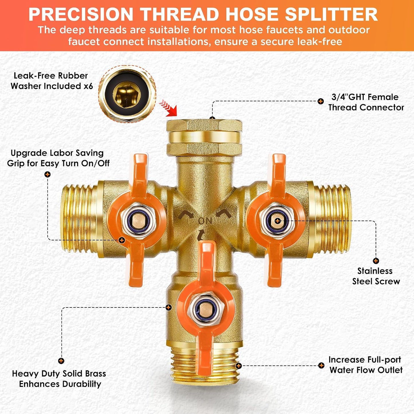 360° Rotatable Garden Hose Splitter 2026 Upgrade 3/4" GHT Swivel Brass Hose Splitter, High Flow Spigot Splitter with Seperately Shut Off Valves, Heavy Duty Faucet Splitter for Outdoor Garden Courtyard