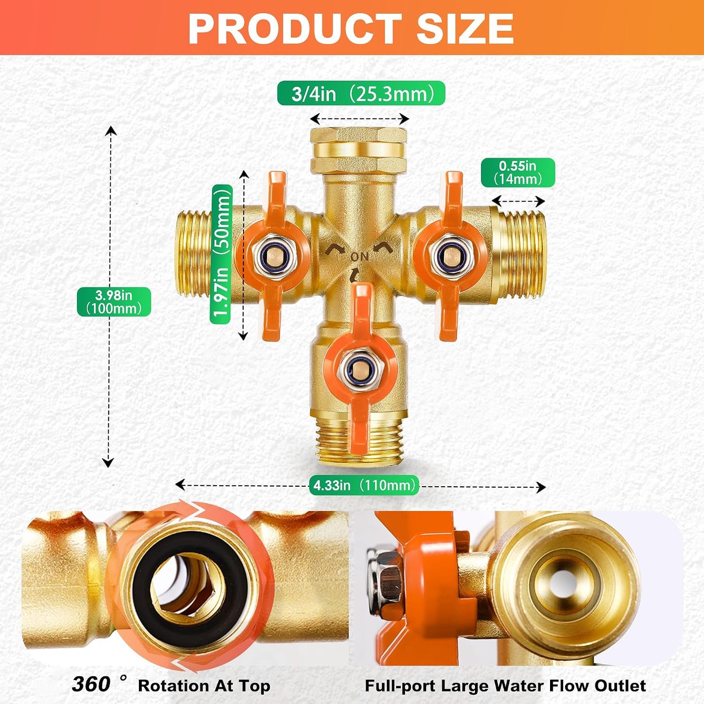 360° Rotatable Garden Hose Splitter 2026 Upgrade 3/4" GHT Swivel Brass Hose Splitter, High Flow Spigot Splitter with Seperately Shut Off Valves, Heavy Duty Faucet Splitter for Outdoor Garden Courtyard
