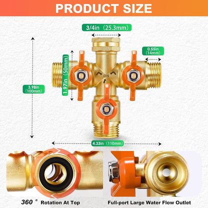 360° Rotatable Garden Hose Splitter 2026 Upgrade 3/4" GHT Swivel Brass Hose Splitter, High Flow Spigot Splitter with Seperately Shut Off Valves, Heavy Duty Faucet Splitter for Outdoor Garden Courtyard