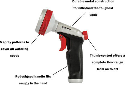 Pro Heavy Duty Garden Hose Nozzle with 5 Adjustable Spray Patterns, Water Hose Nozzle for Watering Garden or Lawn, Silver