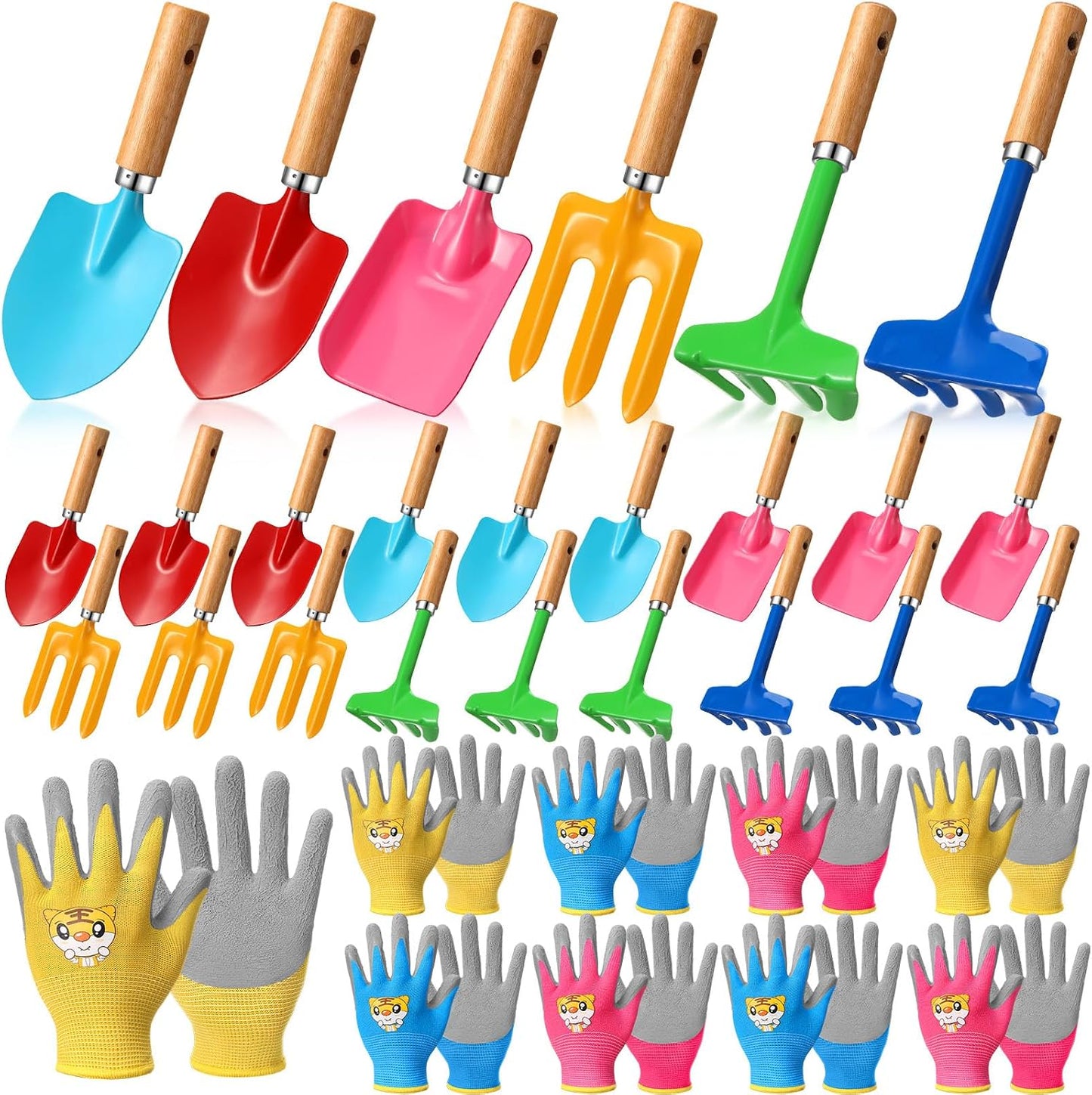 32 Pcs Mini Colorful Metal Garden Tool Set Hand Shovel and Kids Gardening Gloves Set Includes 24 Pcs Shovel Rake Fork with Wooden Handle and 8 Pairs Latex Gloves for Kids Beach Outdoor Birthday Gift