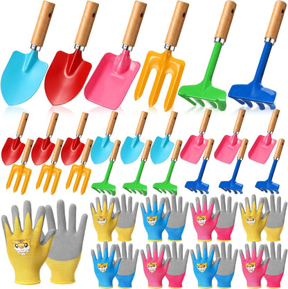 32 Pcs Mini Colorful Metal Garden Tool Set Hand Shovel and Kids Gardening Gloves Set Includes 24 Pcs Shovel Rake Fork with Wooden Handle and 8 Pairs Latex Gloves for Kids Beach Outdoor Birthday Gift
