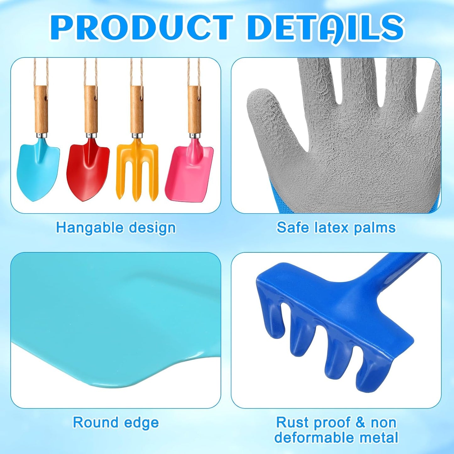 32 Pcs Mini Colorful Metal Garden Tool Set Hand Shovel and Kids Gardening Gloves Set Includes 24 Pcs Shovel Rake Fork with Wooden Handle and 8 Pairs Latex Gloves for Kids Beach Outdoor Birthday Gift