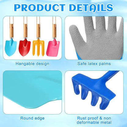 32 Pcs Mini Colorful Metal Garden Tool Set Hand Shovel and Kids Gardening Gloves Set Includes 24 Pcs Shovel Rake Fork with Wooden Handle and 8 Pairs Latex Gloves for Kids Beach Outdoor Birthday Gift
