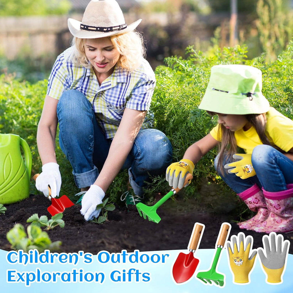 32 Pcs Mini Colorful Metal Garden Tool Set Hand Shovel and Kids Gardening Gloves Set Includes 24 Pcs Shovel Rake Fork with Wooden Handle and 8 Pairs Latex Gloves for Kids Beach Outdoor Birthday Gift