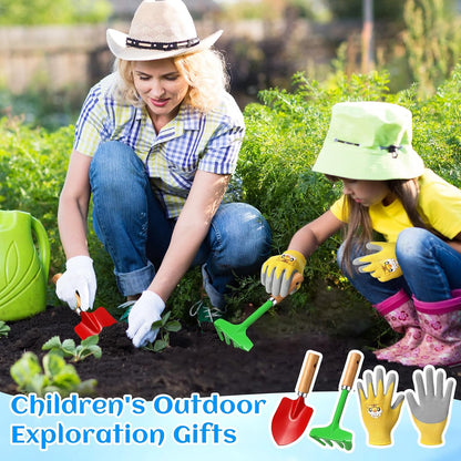 32 Pcs Mini Colorful Metal Garden Tool Set Hand Shovel and Kids Gardening Gloves Set Includes 24 Pcs Shovel Rake Fork with Wooden Handle and 8 Pairs Latex Gloves for Kids Beach Outdoor Birthday Gift