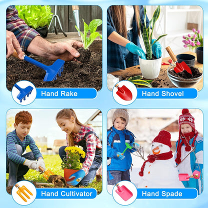 32 Pcs Mini Colorful Metal Garden Tool Set Hand Shovel and Kids Gardening Gloves Set Includes 24 Pcs Shovel Rake Fork with Wooden Handle and 8 Pairs Latex Gloves for Kids Beach Outdoor Birthday Gift