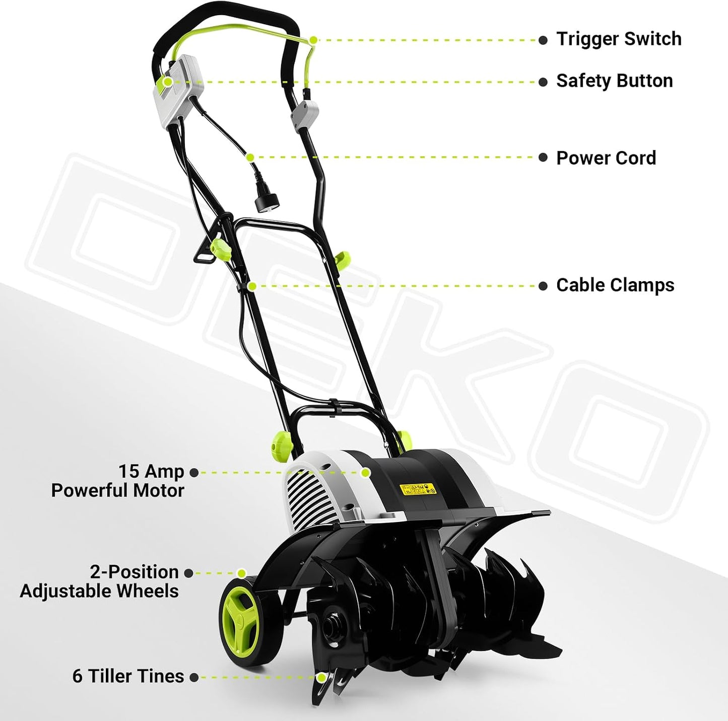 Cultivator Tiller for Gardening:18 Inch Electric Tiller with 6 Steel Tines, Corded 15 Amp Garden Rototiller for Soil Digging with Adjustable Wheels