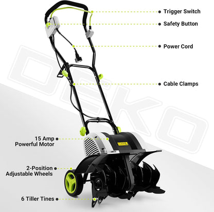 Cultivator Tiller for Gardening:18 Inch Electric Tiller with 6 Steel Tines, Corded 15 Amp Garden Rototiller for Soil Digging with Adjustable Wheels