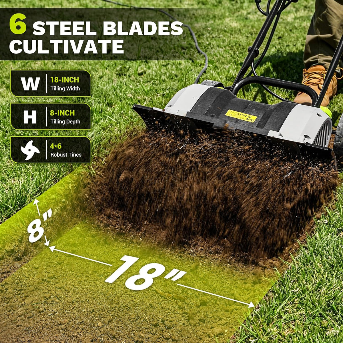 Cultivator Tiller for Gardening:18 Inch Electric Tiller with 6 Steel Tines, Corded 15 Amp Garden Rototiller for Soil Digging with Adjustable Wheels
