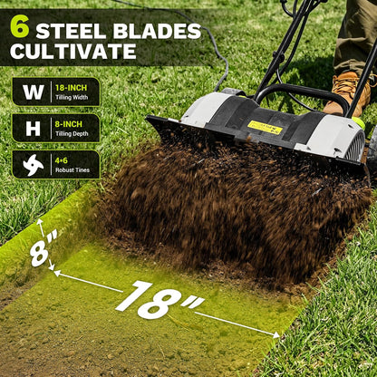 Cultivator Tiller for Gardening:18 Inch Electric Tiller with 6 Steel Tines, Corded 15 Amp Garden Rototiller for Soil Digging with Adjustable Wheels