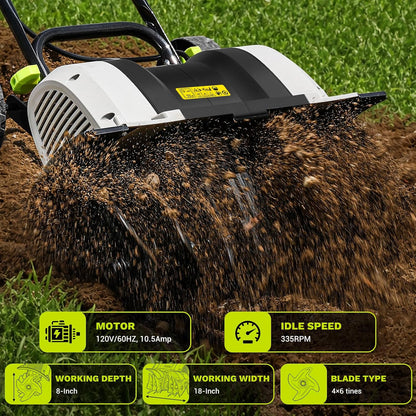 Cultivator Tiller for Gardening:18 Inch Electric Tiller with 6 Steel Tines, Corded 15 Amp Garden Rototiller for Soil Digging with Adjustable Wheels