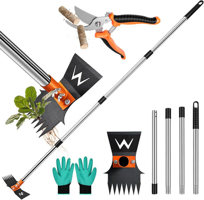 Garden Hoe & Weed Puller Tool with Long Handle, 60 Inch,Manual Weed Remover Tool, 3-in-1 Weed Rake & Grabber & Pruning Shears, Dandelion Gardenia Heavy Duty Uprooting Tool for Yard, Lawn and Garden