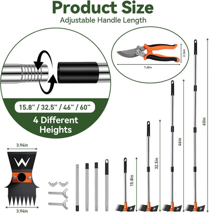 Garden Hoe & Weed Puller Tool with Long Handle, 60 Inch,Manual Weed Remover Tool, 3-in-1 Weed Rake & Grabber & Pruning Shears, Dandelion Gardenia Heavy Duty Uprooting Tool for Yard, Lawn and Garden