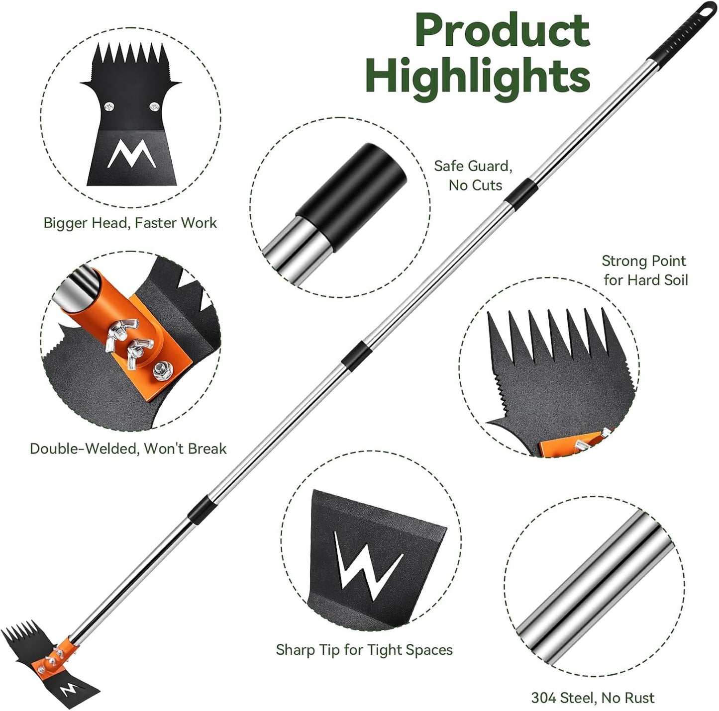 Garden Hoe & Weed Puller Tool with Long Handle, 60 Inch,Manual Weed Remover Tool, 3-in-1 Weed Rake & Grabber & Pruning Shears, Dandelion Gardenia Heavy Duty Uprooting Tool for Yard, Lawn and Garden