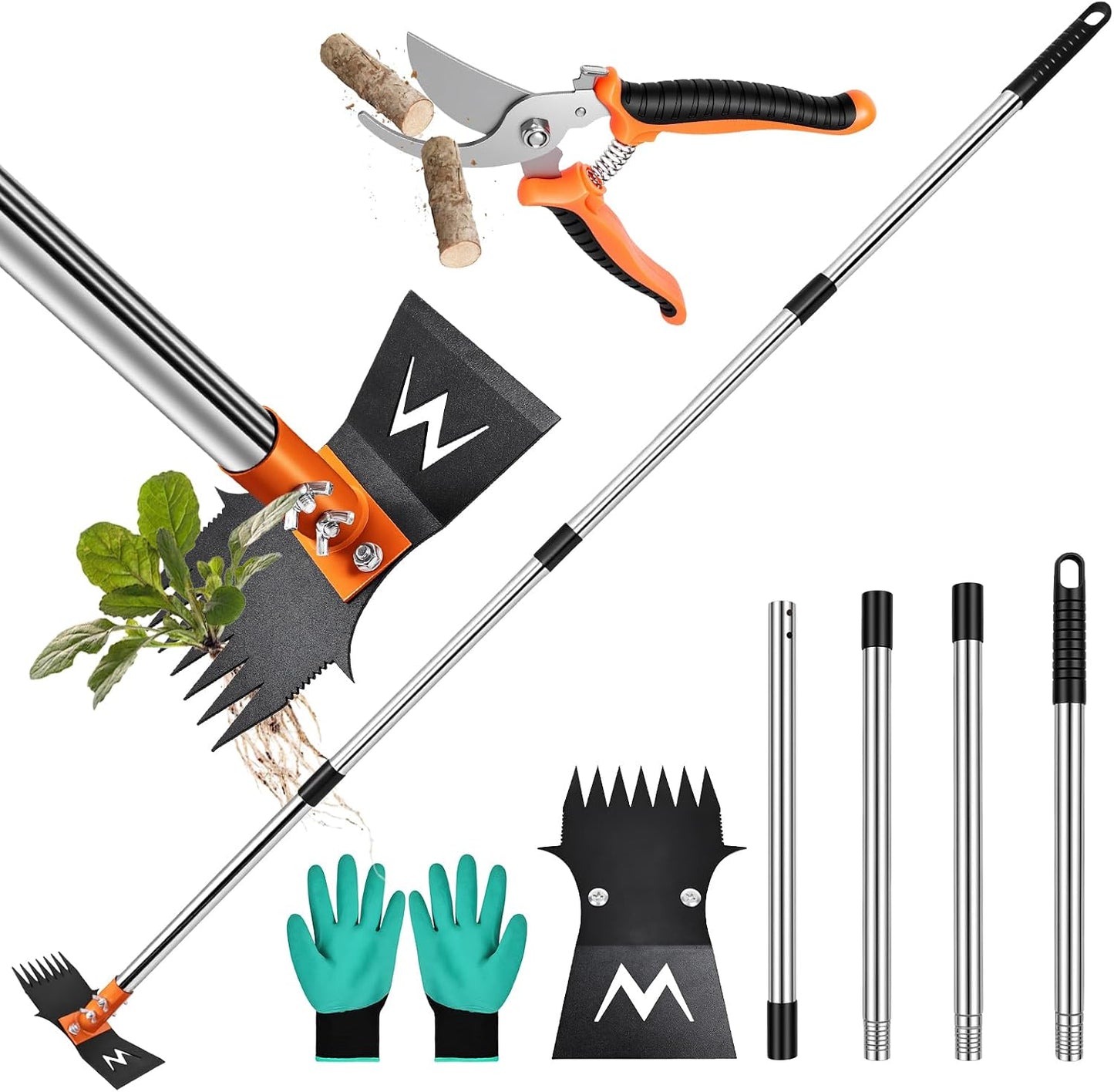 Garden Hoe & Weed Puller Tool with Long Handle, 60 Inch,Manual Weed Remover Tool, 3-in-1 Weed Rake & Grabber & Pruning Shears, Dandelion Gardenia Heavy Duty Uprooting Tool for Yard, Lawn and Garden