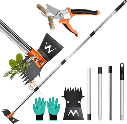 Garden Hoe & Weed Puller Tool with Long Handle, 60 Inch,Manual Weed Remover Tool, 3-in-1 Weed Rake & Grabber & Pruning Shears, Dandelion Gardenia Heavy Duty Uprooting Tool for Yard, Lawn and Garden