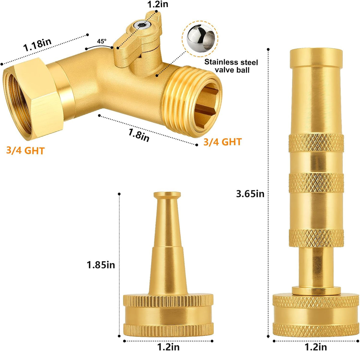 Adjustable High Pressure Garden Hose Nozzle - Brass Sprayer with Ball Valve, 3/4 GHT Thread for Car Washing, Garden Watering & Heavy Duty Cleaning