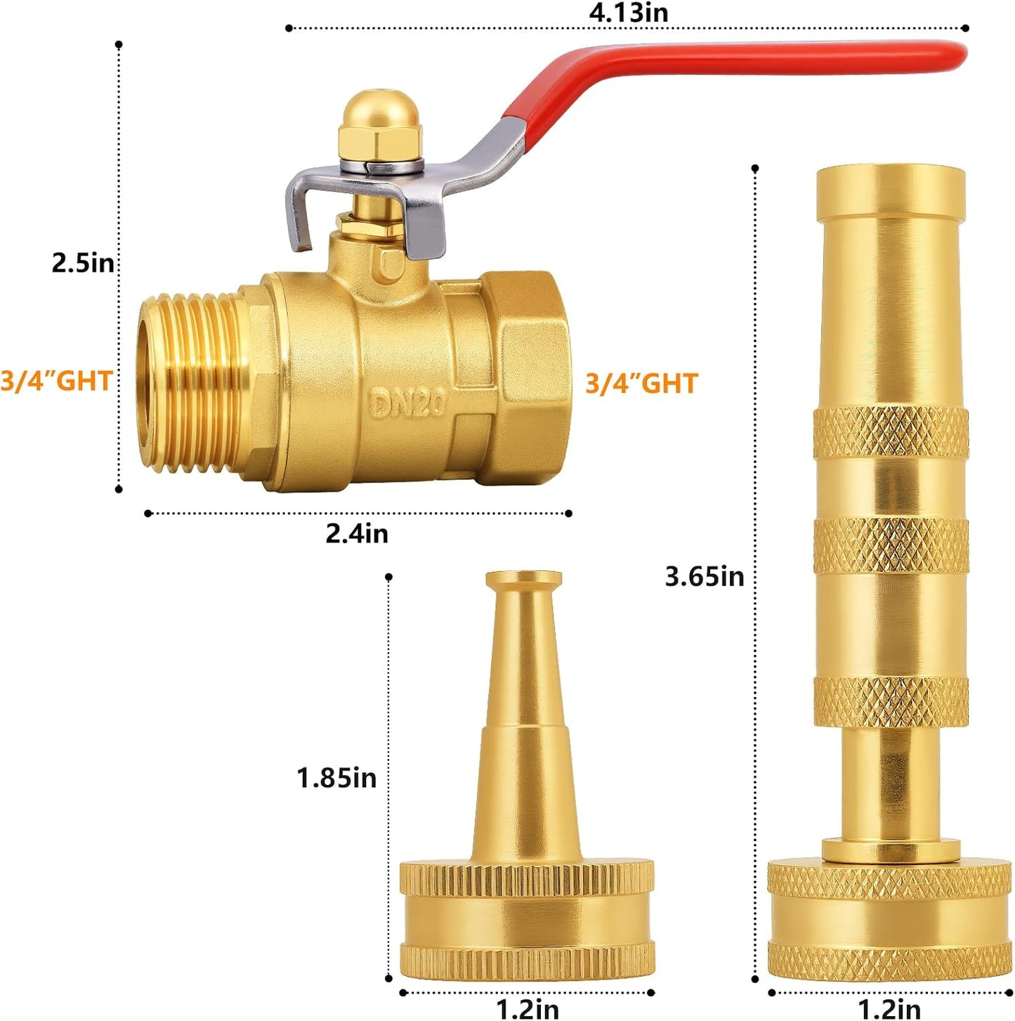 Adjustable High Pressure Garden Hose Nozzle - Brass Sprayer with Ball Valve, 3/4 GHT Thread for Car Washing, Garden Watering & Heavy Duty Cleaning