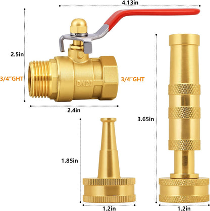 Adjustable High Pressure Garden Hose Nozzle - Brass Sprayer with Ball Valve, 3/4 GHT Thread for Car Washing, Garden Watering & Heavy Duty Cleaning