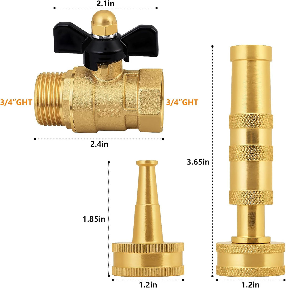 Adjustable High Pressure Garden Hose Nozzle - Brass Sprayer with Ball Valve, 3/4 GHT Thread for Car Washing, Garden Watering & Heavy Duty Cleaning