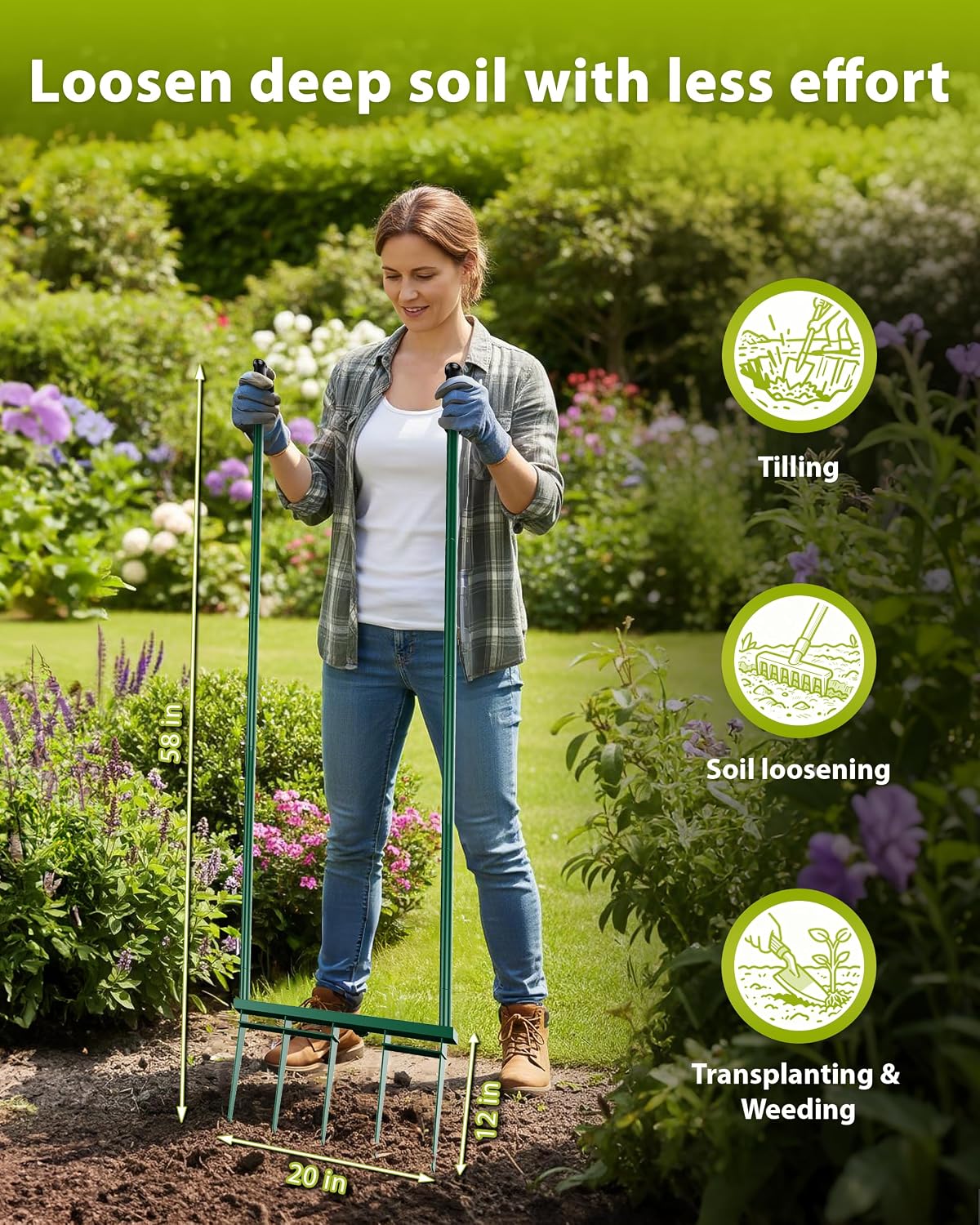 Broadfork Garden Tool, 5-Tine Heavy Duty Broad Fork, Manual Hand Tiller with 58 Inch Ergonomic Handle, Pitchfork Digging Fork for Cultivating Spading Crushing Aerating Gardening Soil