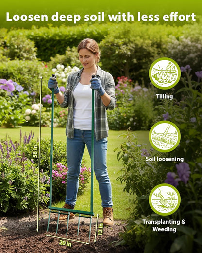 Broadfork Garden Tool, 5-Tine Heavy Duty Broad Fork, Manual Hand Tiller with 58 Inch Ergonomic Handle, Pitchfork Digging Fork for Cultivating Spading Crushing Aerating Gardening Soil