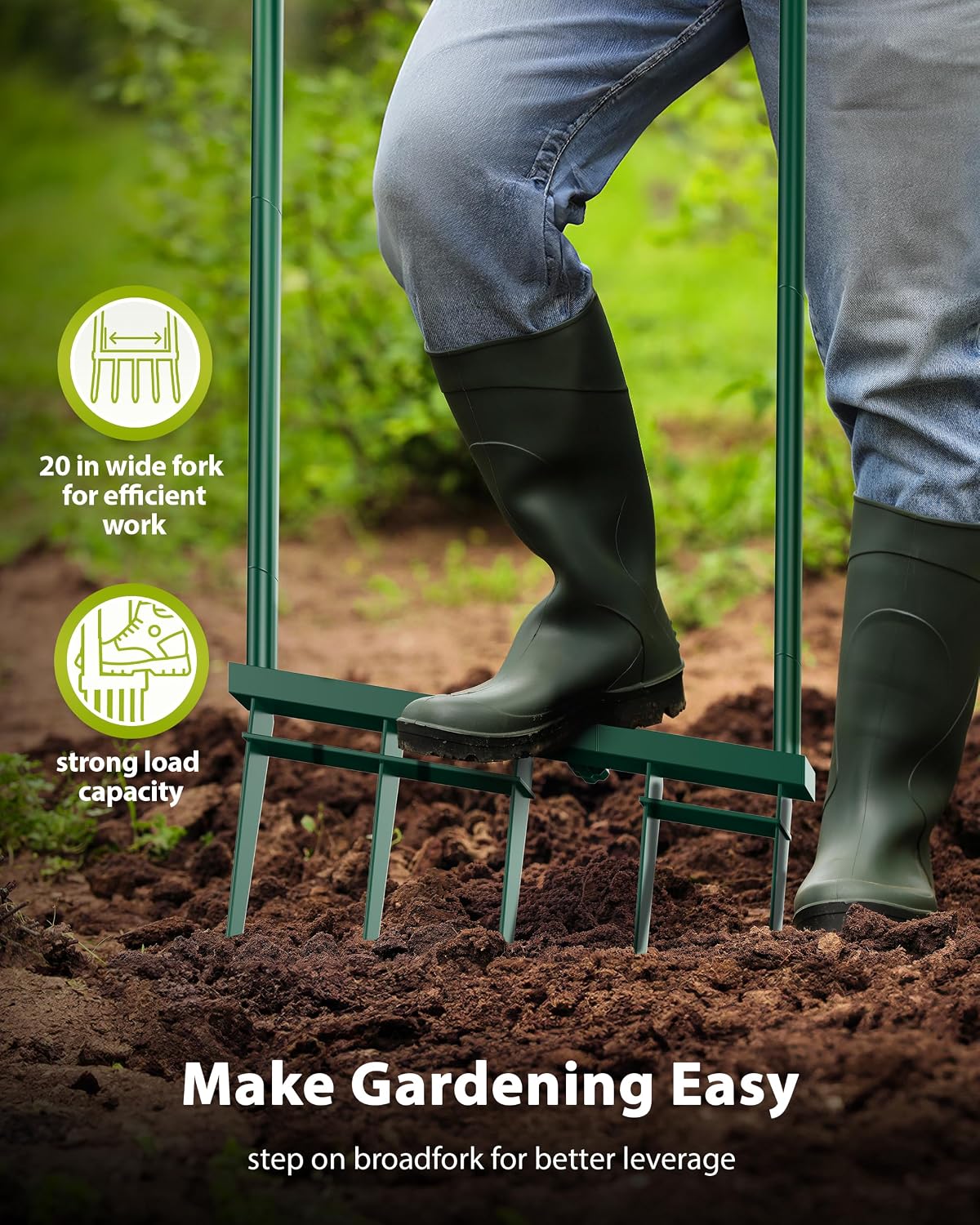 Broadfork Garden Tool, 5-Tine Heavy Duty Broad Fork, Manual Hand Tiller with 58 Inch Ergonomic Handle, Pitchfork Digging Fork for Cultivating Spading Crushing Aerating Gardening Soil
