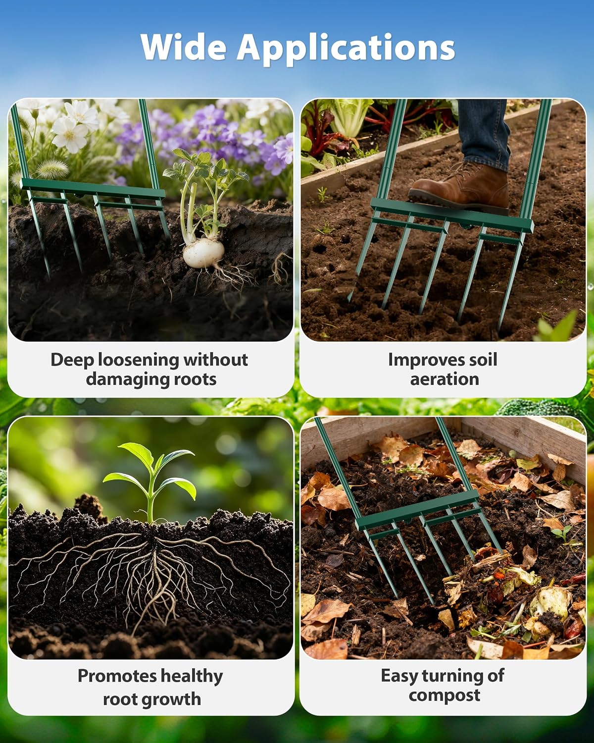Broadfork Garden Tool, 5-Tine Heavy Duty Broad Fork, Manual Hand Tiller with 58 Inch Ergonomic Handle, Pitchfork Digging Fork for Cultivating Spading Crushing Aerating Gardening Soil