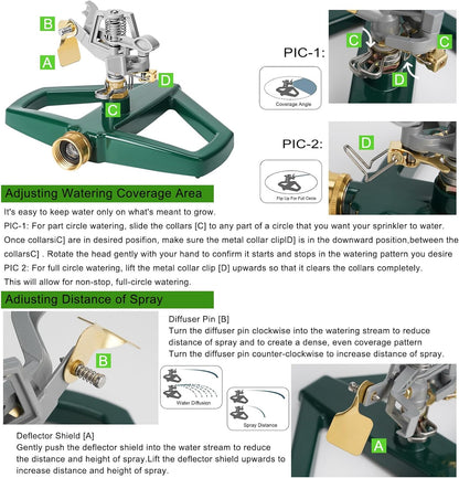 Heavy Duty Metal Pulsating Sprinklers for Yard - 360 Degree Roating Automatic Water Sprinkler for Lawn with Metal Base, Impact Sprinklers for Large Area Covers Up to 85‘ Diameter