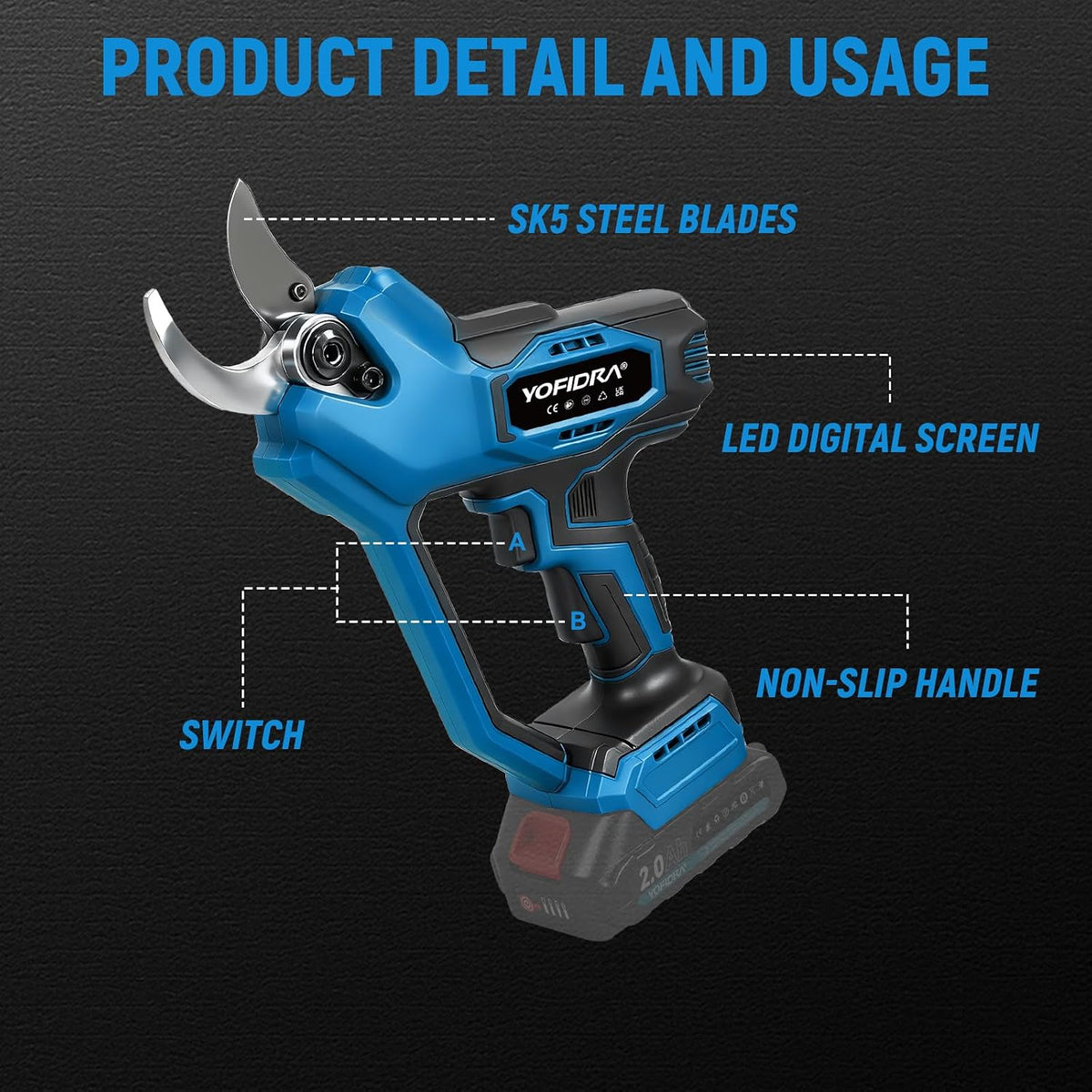 Electric Pruning Shears, 45mm 1.8" Cutting Diameter Cordless Pruning Shears with LED Display & SK5 Blade, Brushless Motor Electric Pruner Garden Tool for Garden Tree Branch (No Battery)