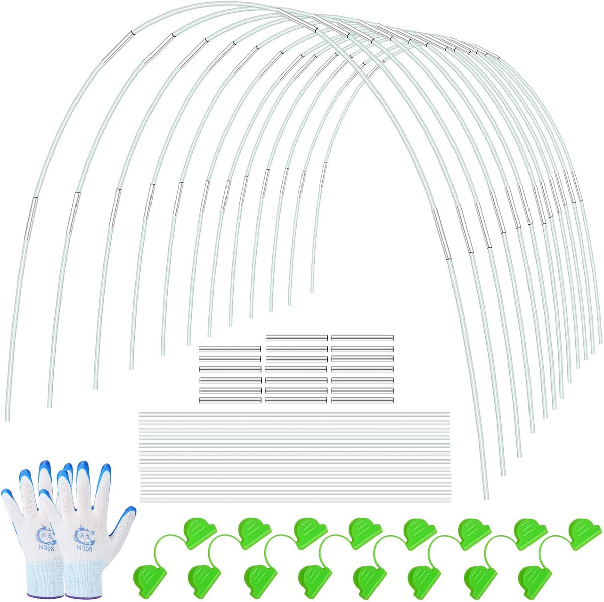 150 Pcs Greenhouse Hoops Garden Hoops for Raised Beds Row Cover Hoops 17 Inch Fiberglass Rod Grow Tunnel Support Frame with 120 Pcs Connectors 90 Pcs Gardening Clamps 4 Pairs Gardening Gloves