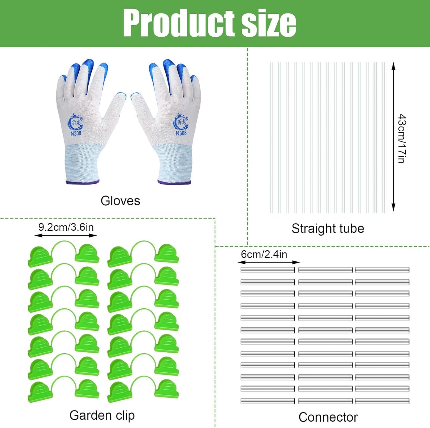 150 Pcs Greenhouse Hoops Garden Hoops for Raised Beds Row Cover Hoops 17 Inch Fiberglass Rod Grow Tunnel Support Frame with 120 Pcs Connectors 90 Pcs Gardening Clamps 4 Pairs Gardening Gloves