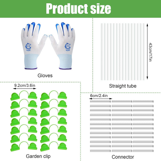 150 Pcs Greenhouse Hoops Garden Hoops for Raised Beds Row Cover Hoops 17 Inch Fiberglass Rod Grow Tunnel Support Frame with 120 Pcs Connectors 90 Pcs Gardening Clamps 4 Pairs Gardening Gloves