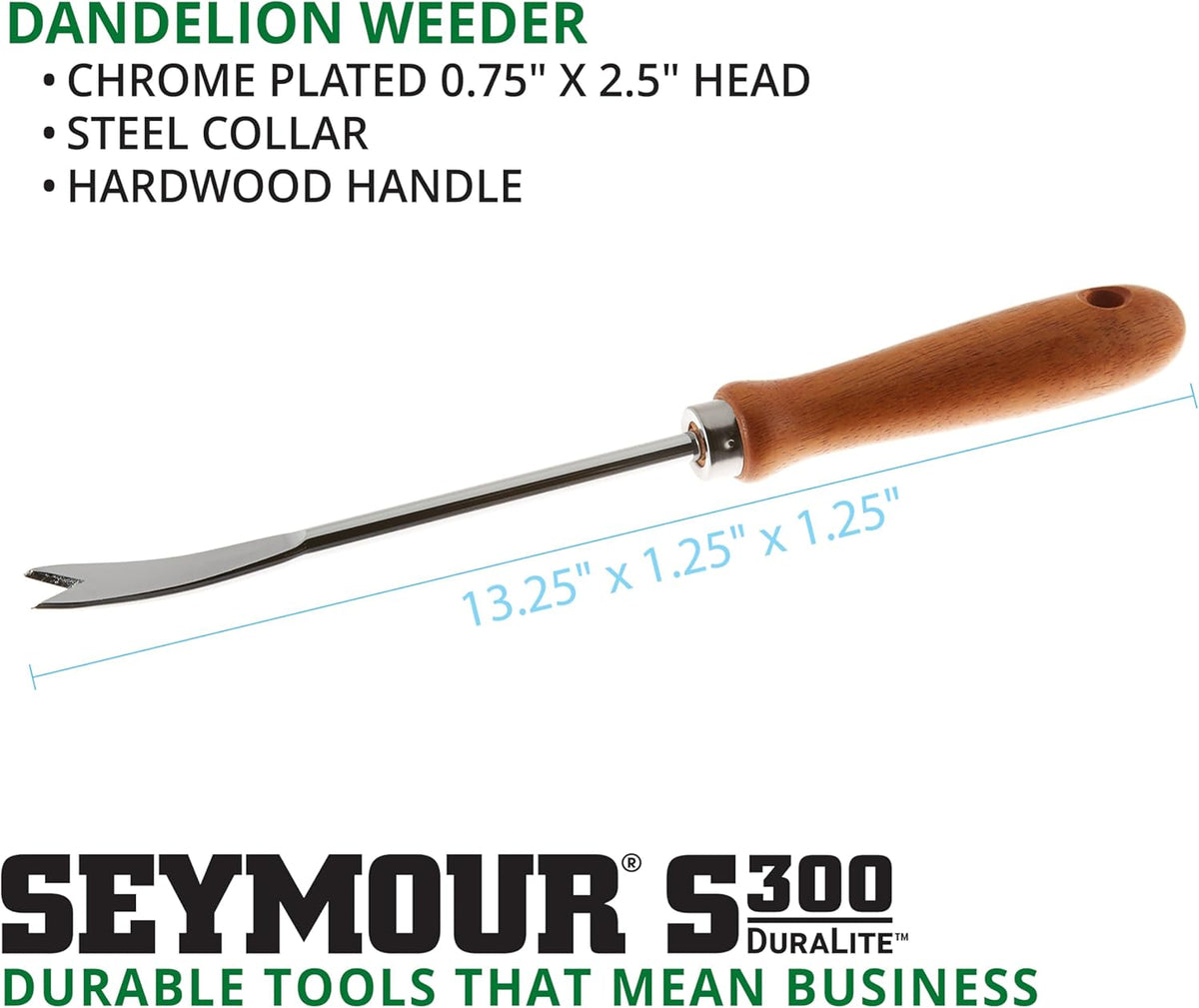 Seymour Dandelion Weeder, Chrome Plated .75" x 2.5" Head, Hardwood Handle with Steel Collar – Seymour S300 DuraLite Series – SKU 41035