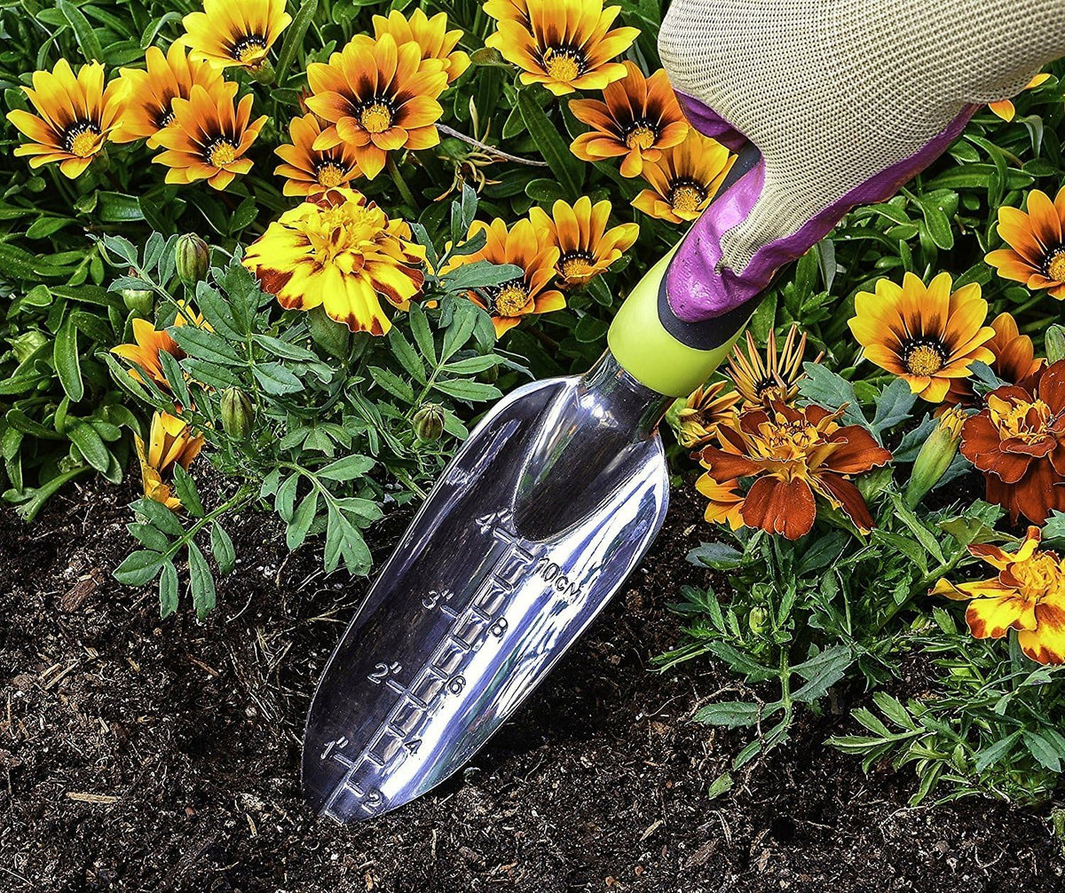Transplanter Trowel - Bend Proof and Rust Proof Aluminum - Most Comfortable Transplanter with Ergo Handle - Engraved Depth Guide