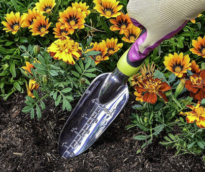 Transplanter Trowel - Bend Proof and Rust Proof Aluminum - Most Comfortable Transplanter with Ergo Handle - Engraved Depth Guide