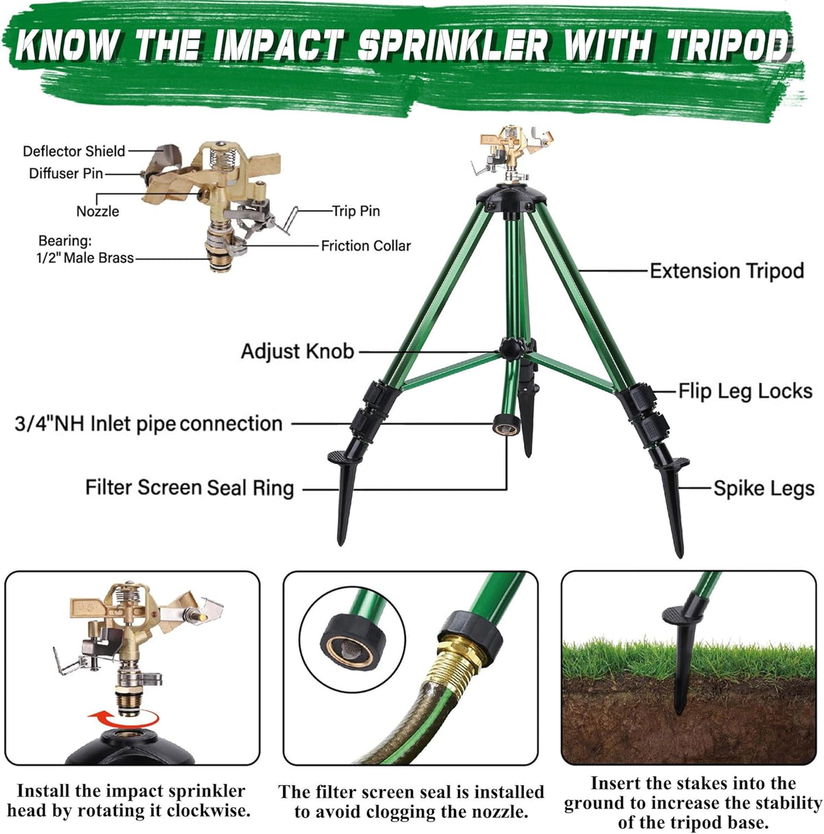 Triumpeek Impact Sprinkler on Tripod Base with Stakes, 1 Count