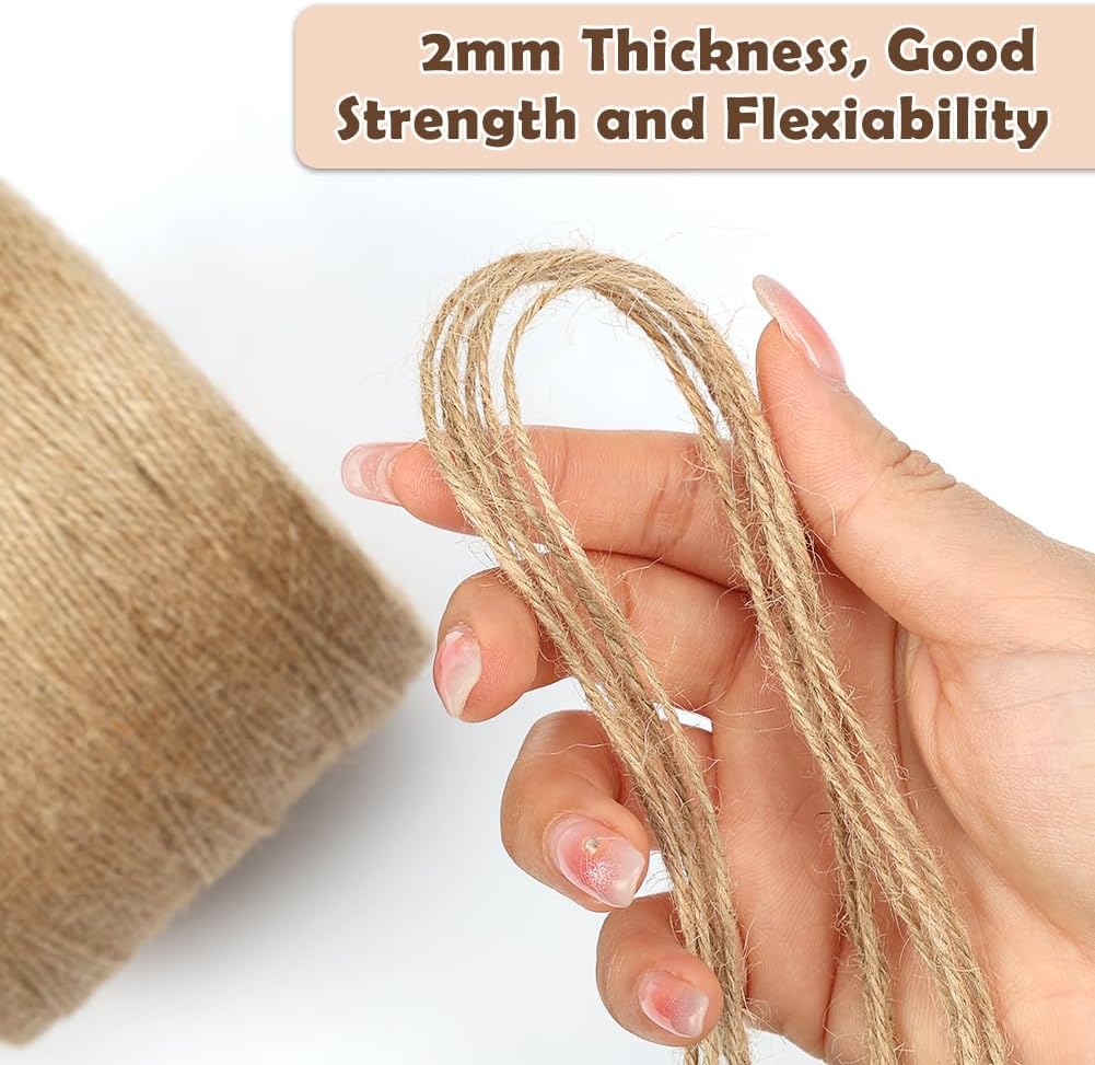 Natural Jute Twine, 984 Feet 2mm Garden Twine, Brown Jute String for Arts and Crafts, Gardening, Gift Wrapping, Bundling, Recycling