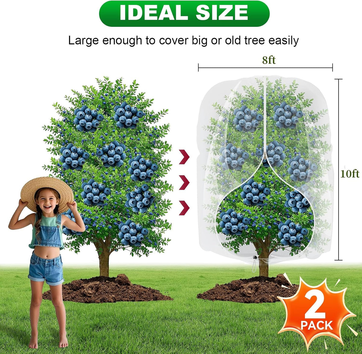 2 Pack Large Fruit Trees Netting 8ftx8ft with Zipper&Drawstring Garden Birds Net Mesh Insect Netting Plant Covers Protection Bags for Blueberry Bushes Shrubs Vegetables Flowers Herbs