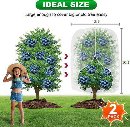 2 Pack Large Fruit Trees Netting 8ftx8ft with Zipper&Drawstring Garden Birds Net Mesh Insect Netting Plant Covers Protection Bags for Blueberry Bushes Shrubs Vegetables Flowers Herbs