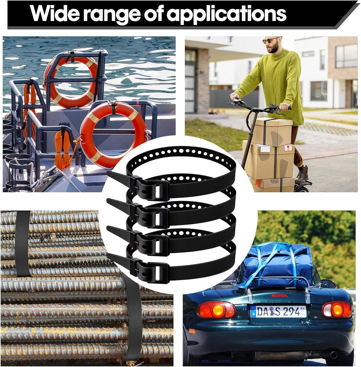 4 Pack Utility Straps 16" Reusable Industrial Straps, Black