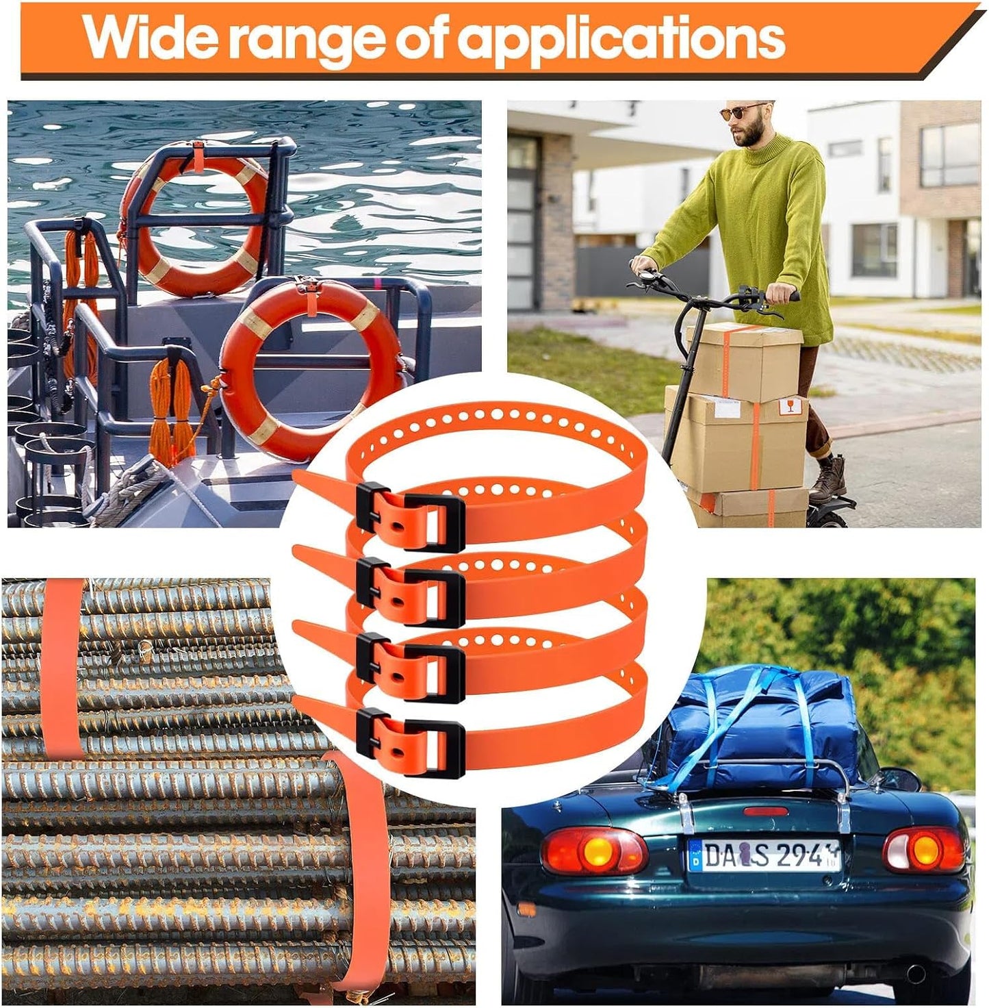 4 Pack Utility Straps 16" Reusable Industrial Straps, Black