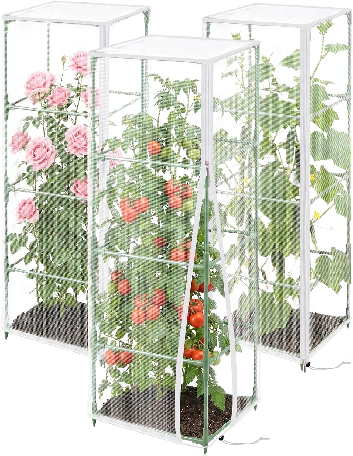 3 Pcs 57"X17.7"X17.7" Square Tomato Netting with Zipper, Insect Cover