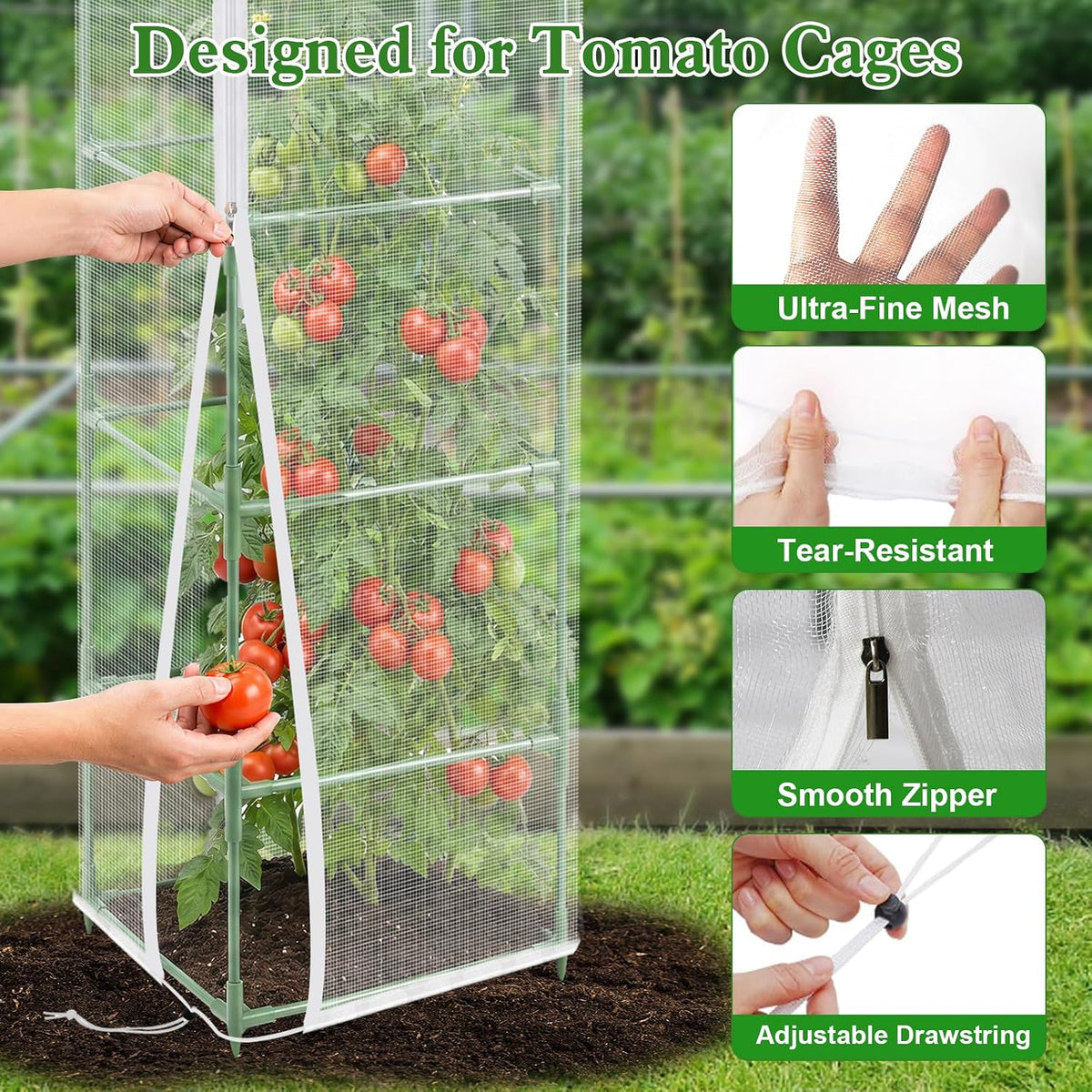 3 Pcs 57"X17.7"X17.7" Square Tomato Netting with Zipper, Insect Cover