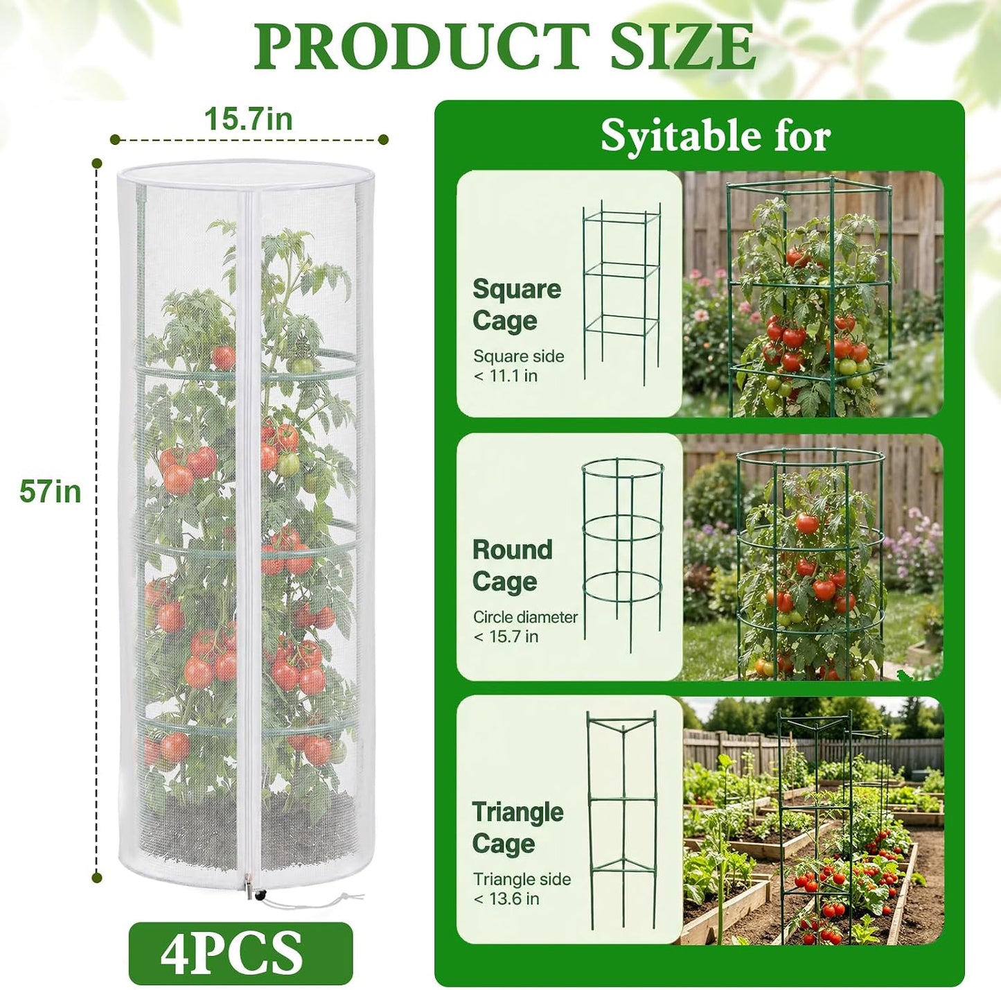 3 Pcs 57"X17.7"X17.7" Square Tomato Netting with Zipper, Insect Cover
