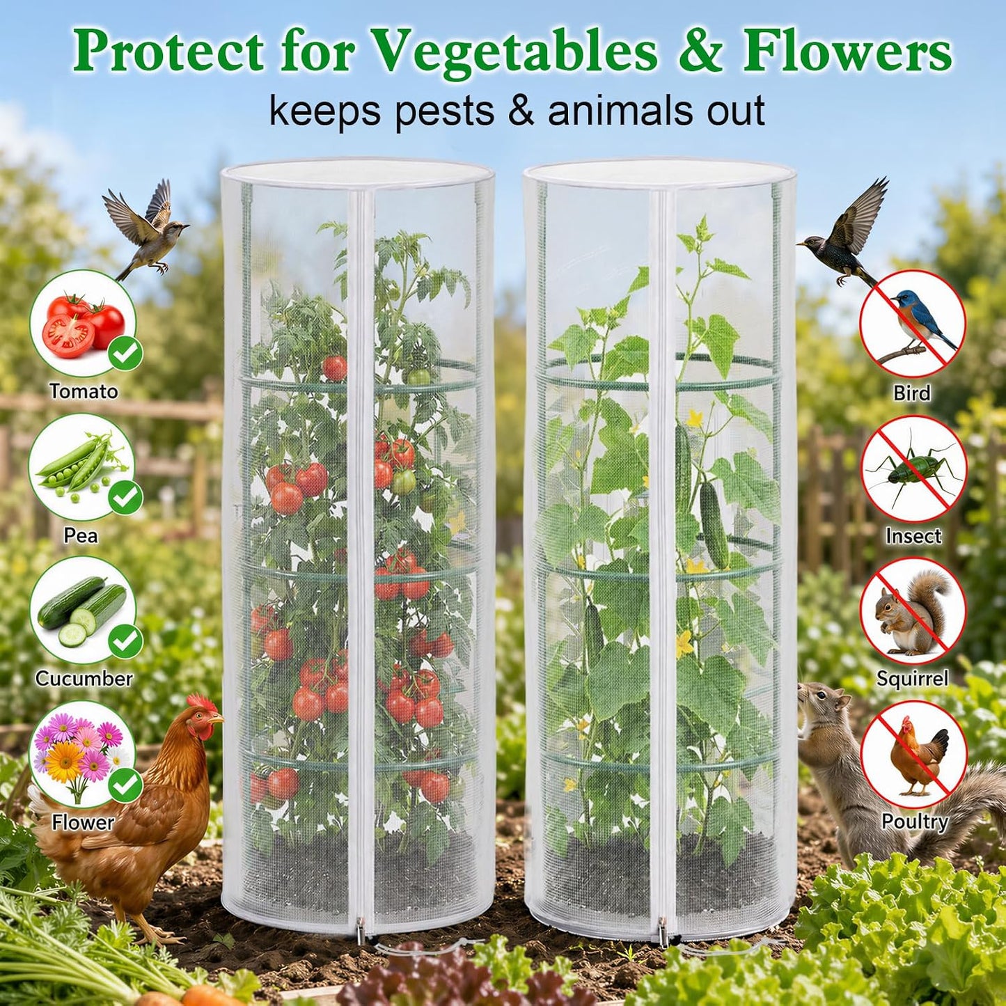3 Pcs 57"X17.7"X17.7" Square Tomato Netting with Zipper, Insect Cover