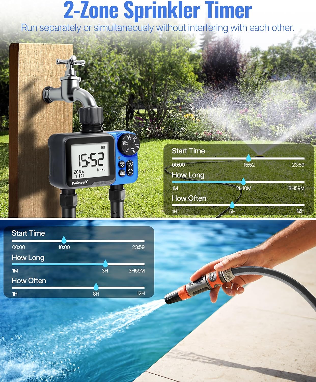 Water Timer for Garden Hose, 2 Zone Sprinkler Timer, Automatic Irrigation System/Rain Delay/Manual Watering, Programmable Watering for Lawn, Yard, Drip Irrigation C12WT06